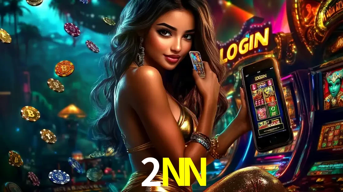 Mulher em um cenário de cassino temático de aventura, mostrando o app de caça-níqueis da 2NN no celular. Fichas de apostas flutuam ao redor.