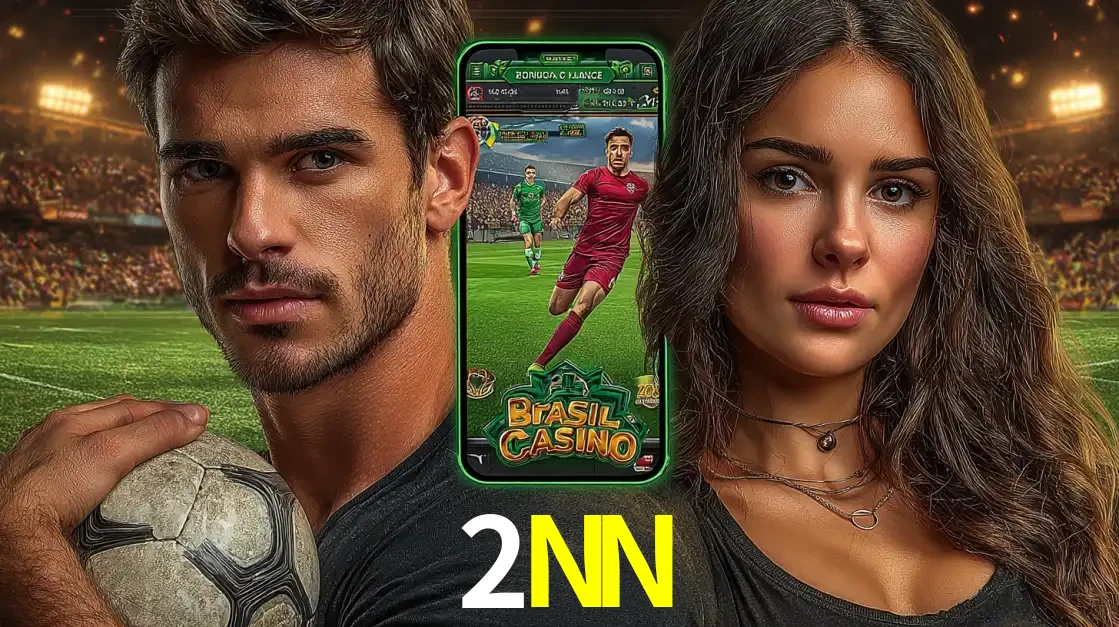 Homem segurando uma bola de futebol e uma mulher ao lado de um smartphone exibindo o jogo de apostas esportivas da 2NN. Faça seu palpite no cassino online.
